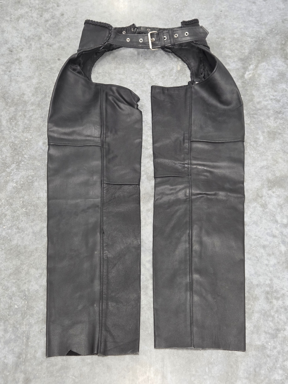 Black Leather Motorcycle Chaps with Buckle Waist